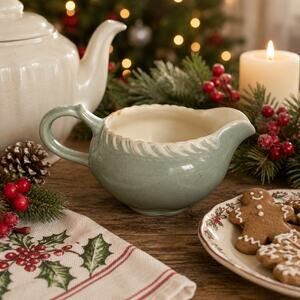 Vintage Sage Green Creamer Pitcher Pottery Farmhouse Christmas Cottage Decor
